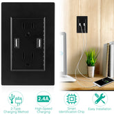 Black-White Color Options -- 1Pc USB Wall Outlet Dual 2.4A USB Wall Charger High Speed Duplex Wall Socket US Standard